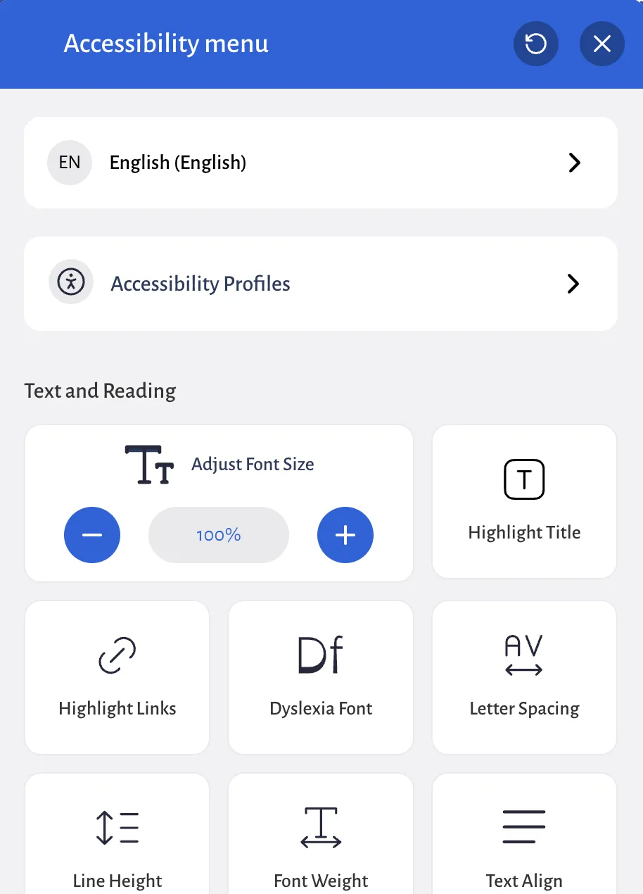 An accessibility menu with buttons to change the language, pick an accessibility profile, adjust the font size, highlight titles and links, switch to a dyslexia font, and change letter spacing, line height, font weight and text alignment.