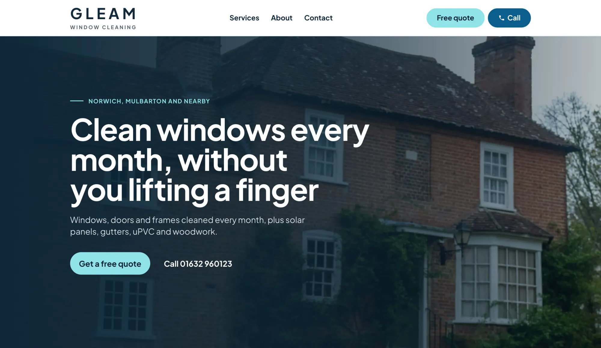 The Gleam Window Cleaning home page on a computer.