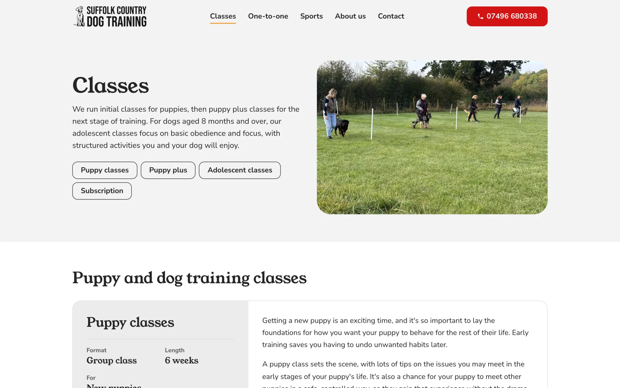The classes page on a computer, with each class laid out the same way: format, length and who it’s for.