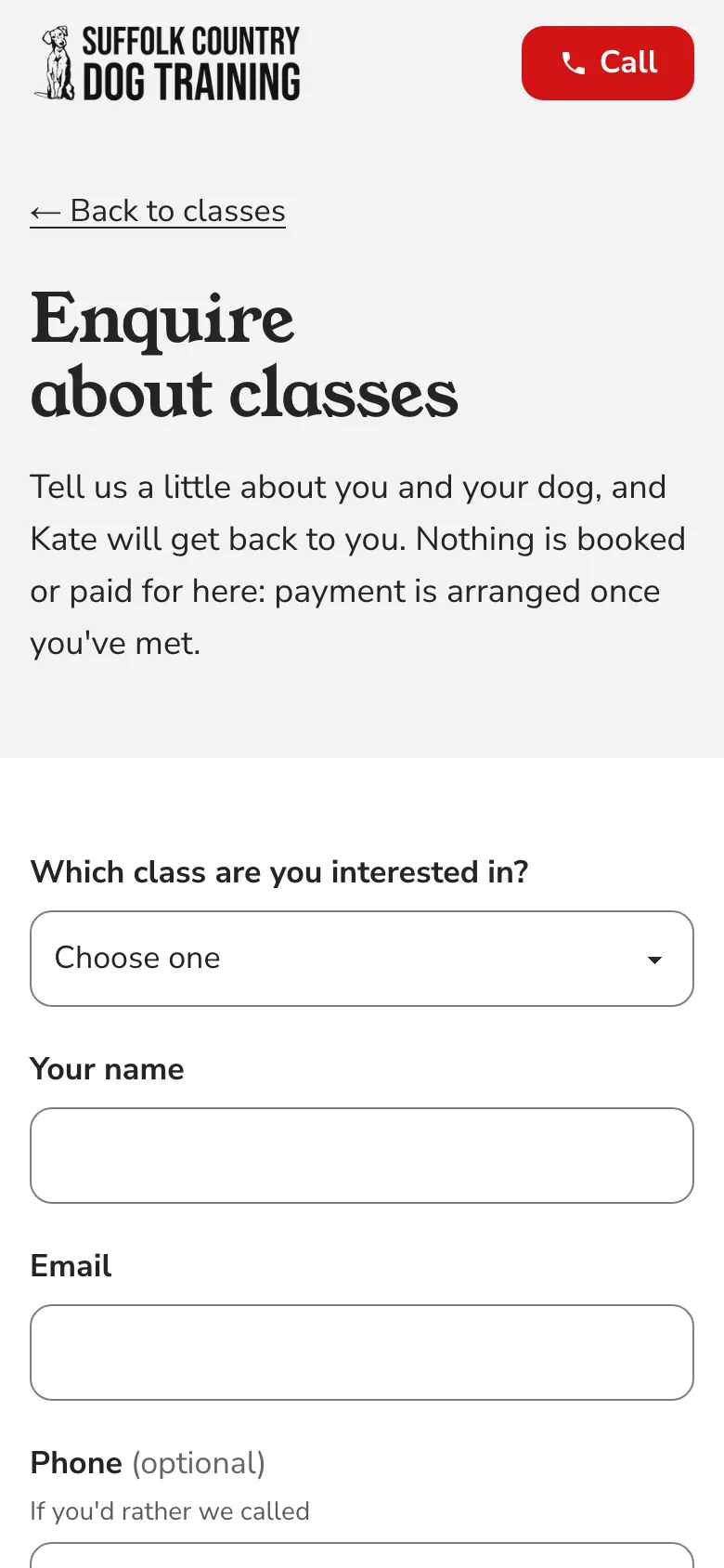 The classes enquiry form on a phone, starting with which class you’re interested in.
