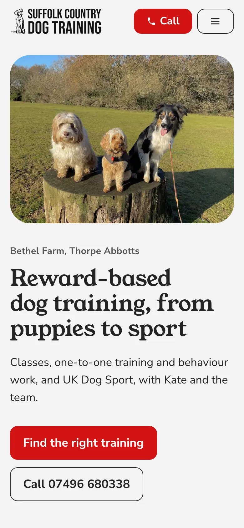 The Suffolk Country Dog Training home page on a phone, with the call button at the top.