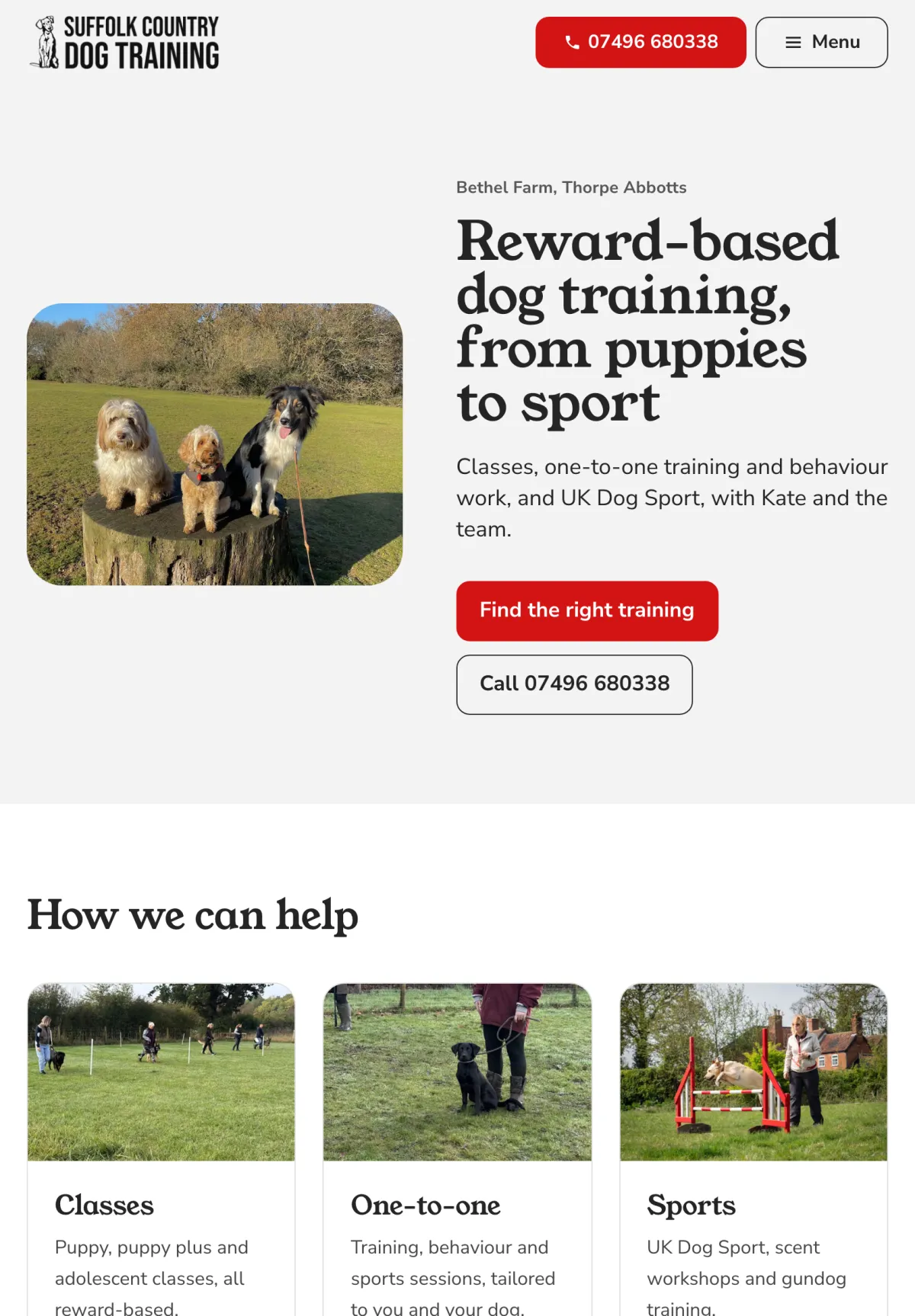 The Suffolk Country Dog Training home page on an iPad.